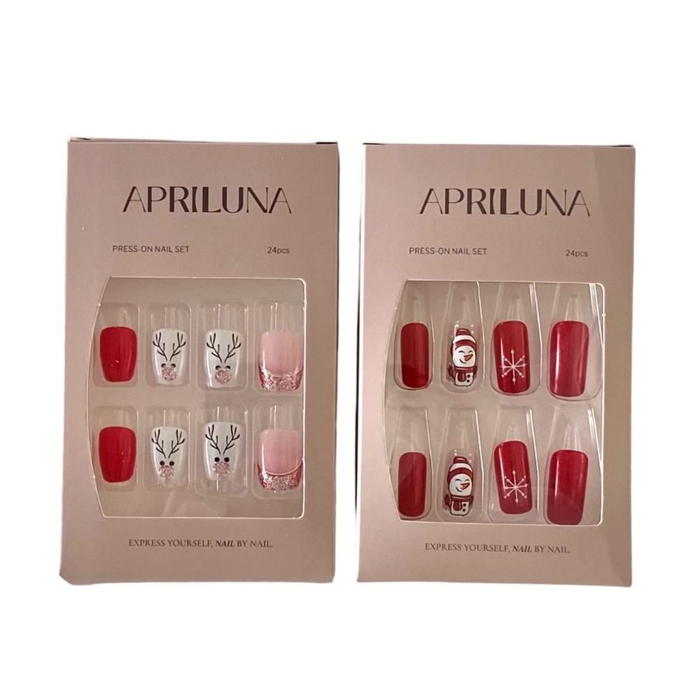 Festive Press on Nails (2 Pack) Reindeer & Snowman / Red/ White/Pink/Glitter NIB